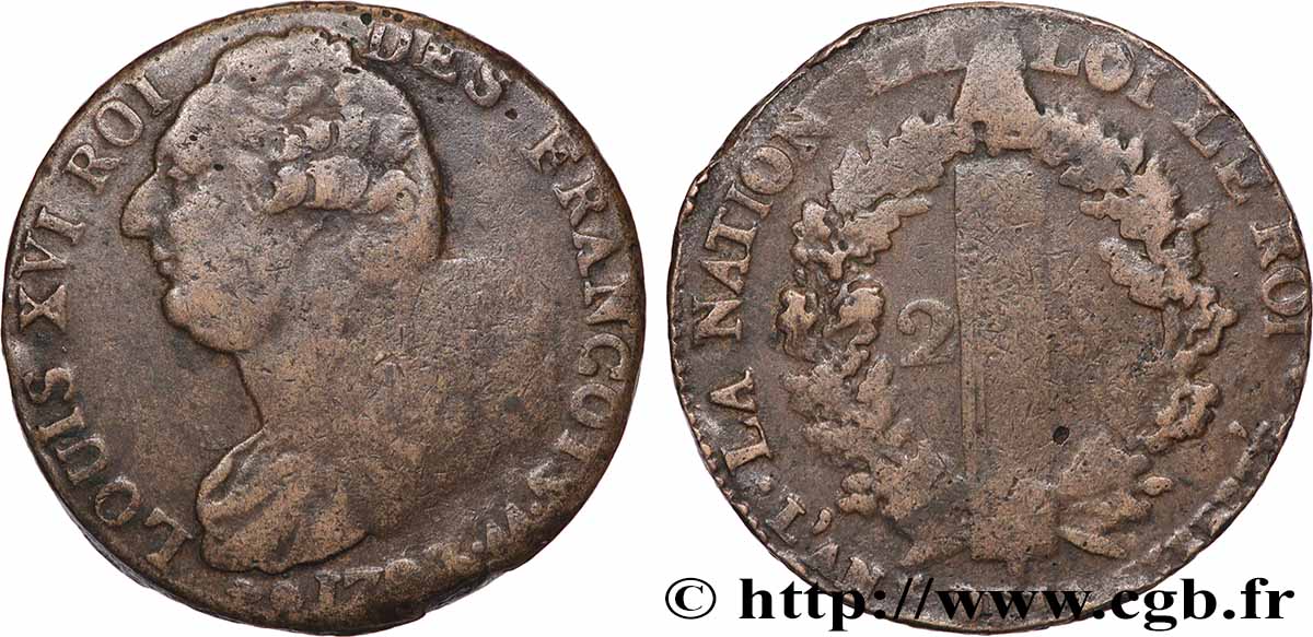 LOUIS XVI 2 sols dit au faisceau , type FRANÇOIS 1793 Metz VF