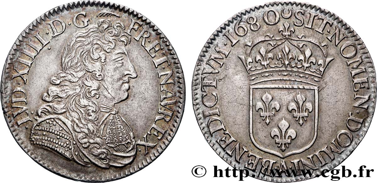 LOUIS XIV LE GRAND OU LE ROI SOLEIL Demi-écu, portrait à la cravate courte 1680 Paris SUP