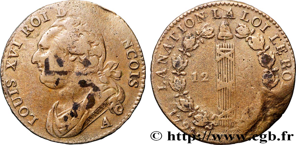 LOUIS XVI (MONARQUE CONSTITUTIONNEL) 12 deniers dit au faisceau , type FRANCOIS 1791 Paris TB+