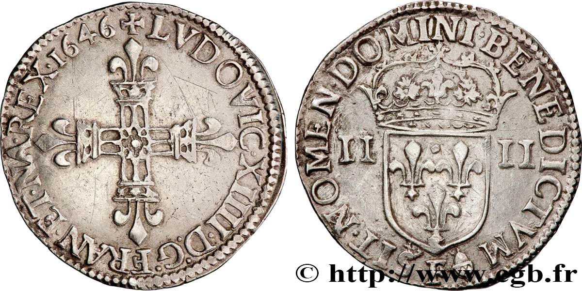 LOUIS XIV  THE SUN KING  Quart d écu, titulature côté croix 1646 Angers AU/AU