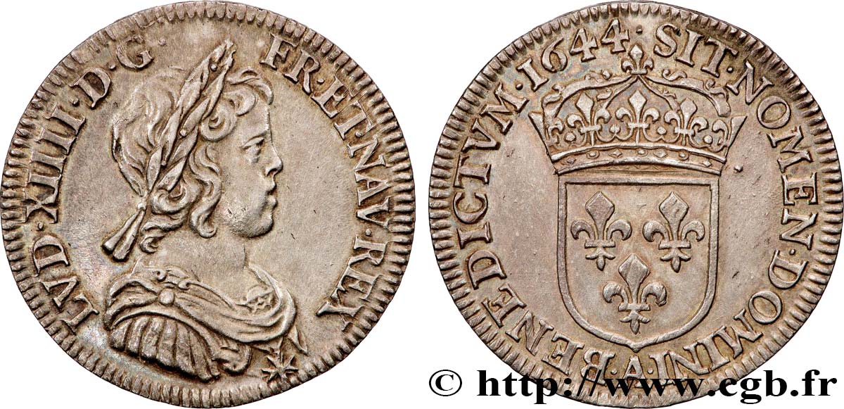 LOUIS XIV  THE SUN KING  Quart d écu, portrait à la mèche courte 1644 Paris, Monnaie du Louvre AU