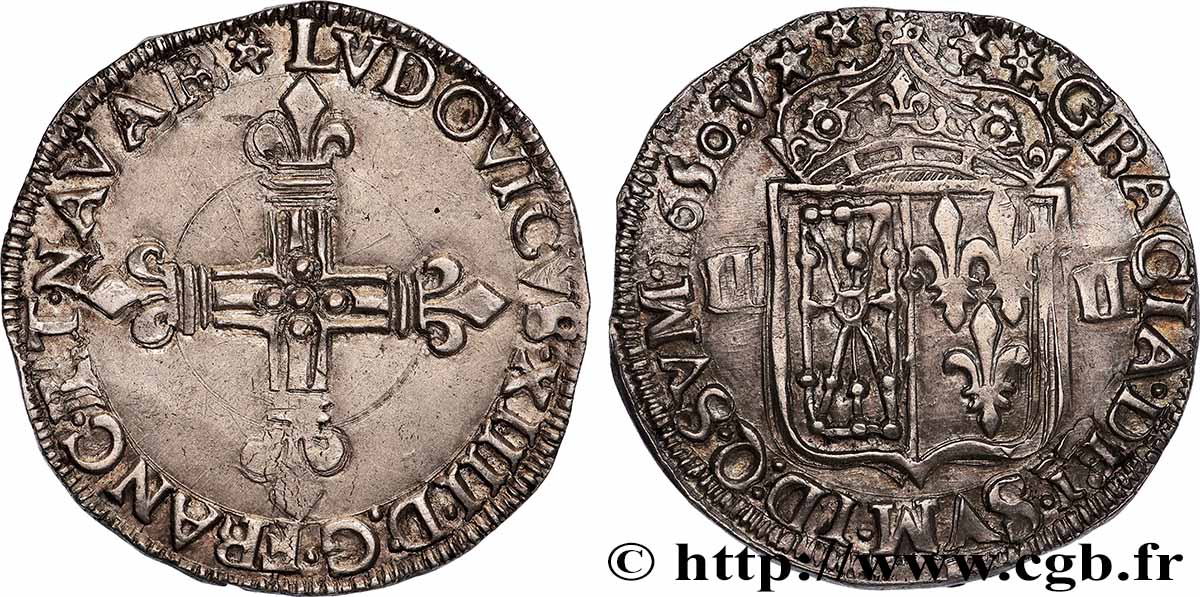 LOUIS XIV LE GRAND OU LE ROI SOLEIL Quart d écu de Navarre, écu parti de Navarre et de France 1650 Saint-Palais TTB+/SUP