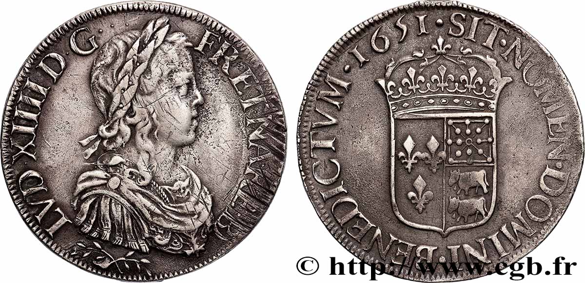 LOUIS XIV THE SUN KING Écu de Béarn, portrait à la mèche longue 1651 Pau q.SPL