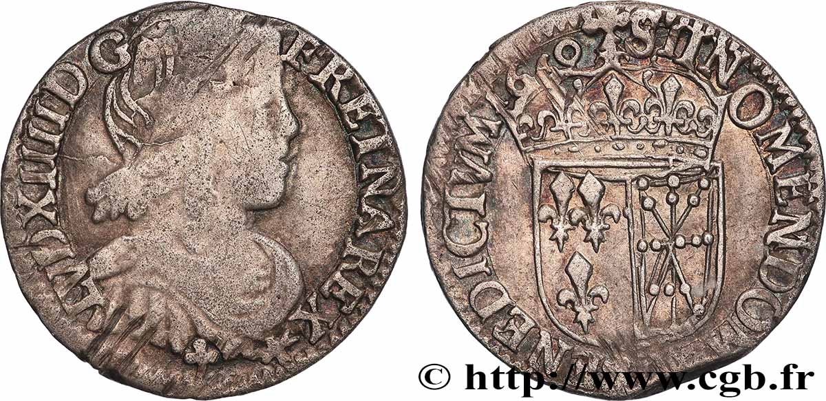 LOUIS XIV THE SUN KING Douzième d écu de Navarre, portrait à la mèche longue 1660 Saint-Palais BC+/MBC+