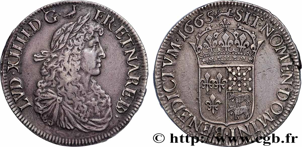 LOUIS XIV LE GRAND OU LE ROI SOLEIL Écu de Béarn, portrait apollinien 1665 Pau TTB+