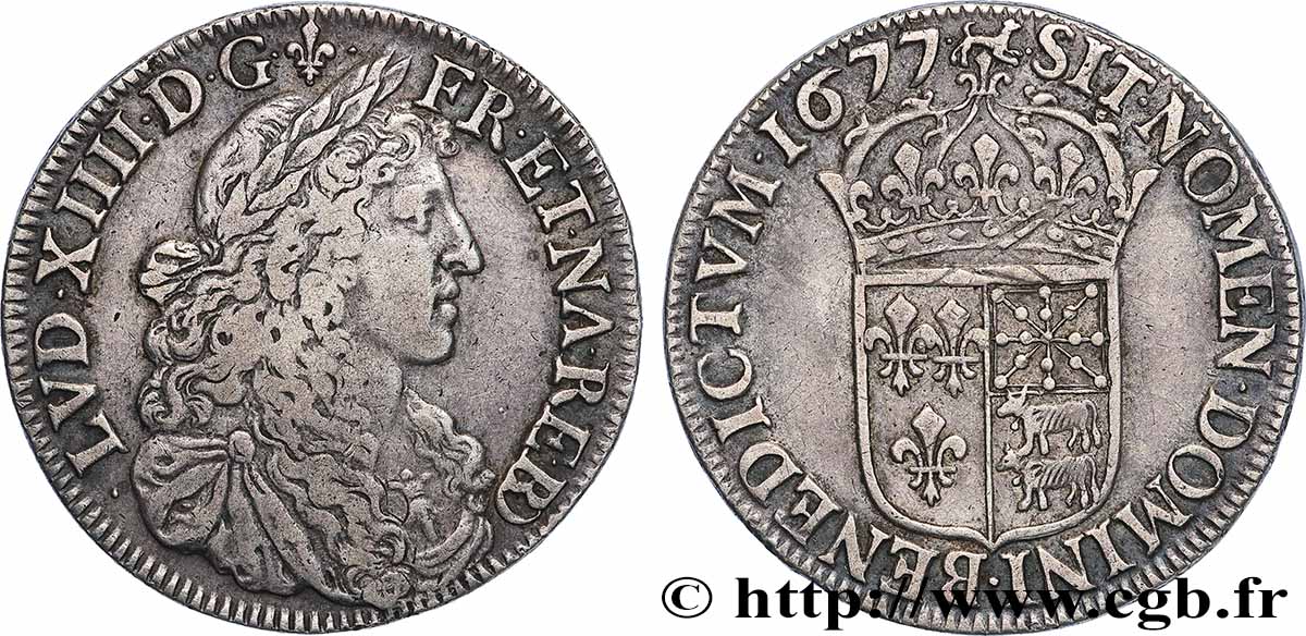 LOUIS XIV LE GRAND OU LE ROI SOLEIL Demi-écu de Béarn, portrait apollinien 1677 Pau TTB+