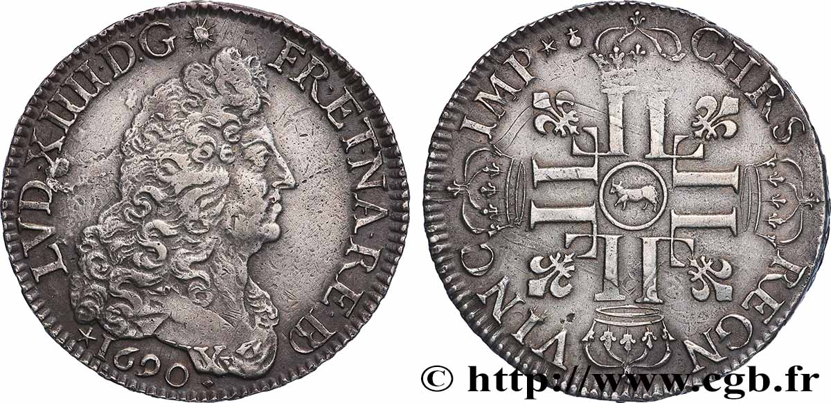 LOUIS XIV LE GRAND OU LE ROI SOLEIL Écu aux huit L, 1er type 1690 Pau TTB+