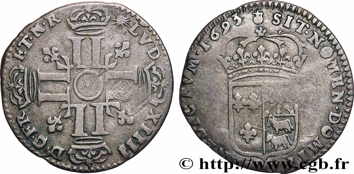 LOUIS XIV LE GRAND OU LE ROI SOLEIL Quinzain aux huit L du Béarn 1693 Pau TB+