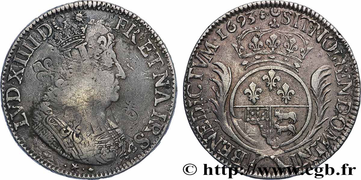 LOUIS XIV LE GRAND OU LE ROI SOLEIL Écu de Béarn aux palmes 1693 Pau TB+/TTB