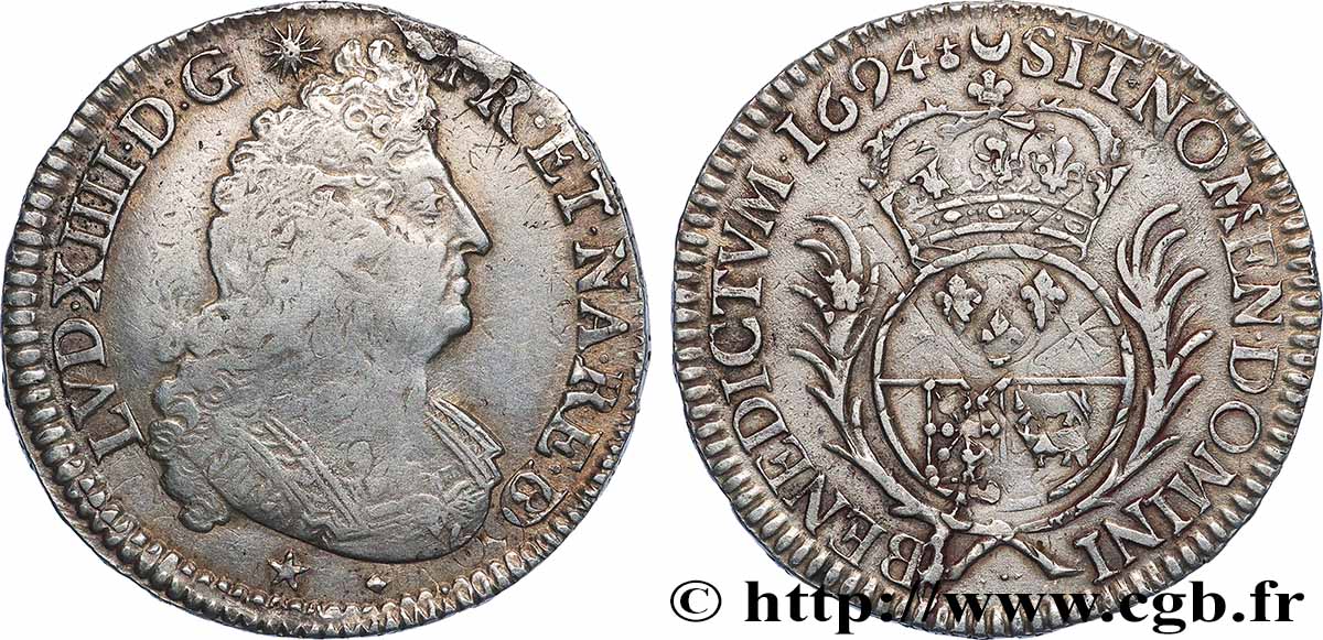 LOUIS XIV LE GRAND OU LE ROI SOLEIL Demi-écu de Béarn aux palmes 1694 Pau TTB/TTB+