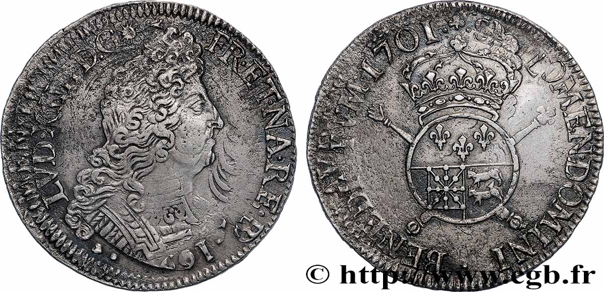 LOUIS XIV LE GRAND OU LE ROI SOLEIL Écu de Béarn aux insignes 1701 Pau TTB