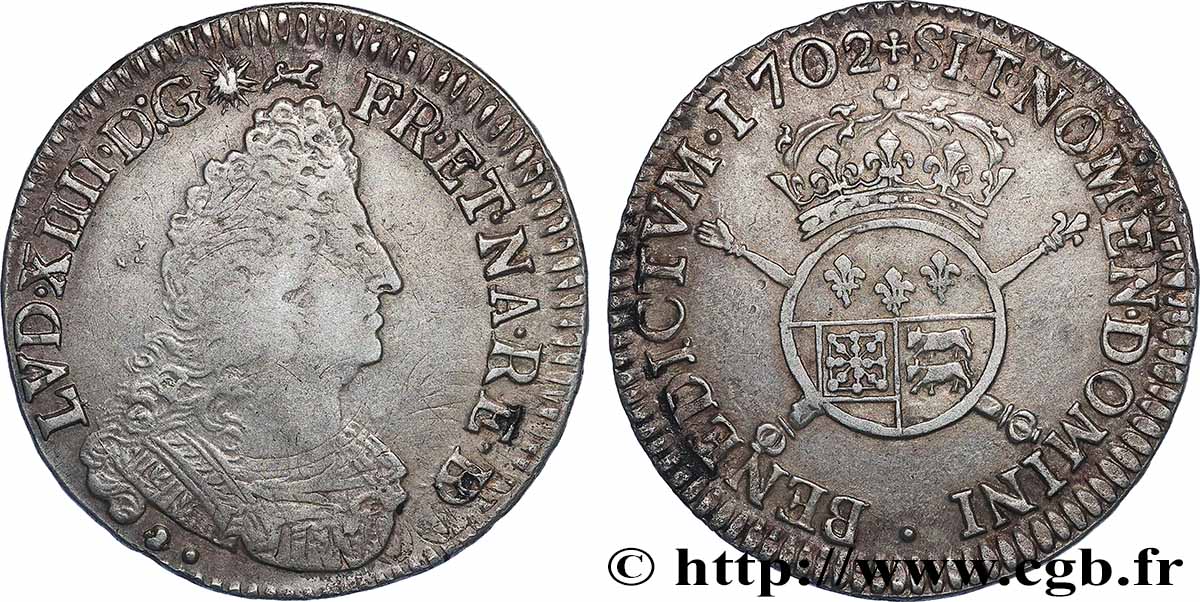 LOUIS XIV THE SUN KING Demi-écu de Béarn aux insignes 1702 Pau VF/AU