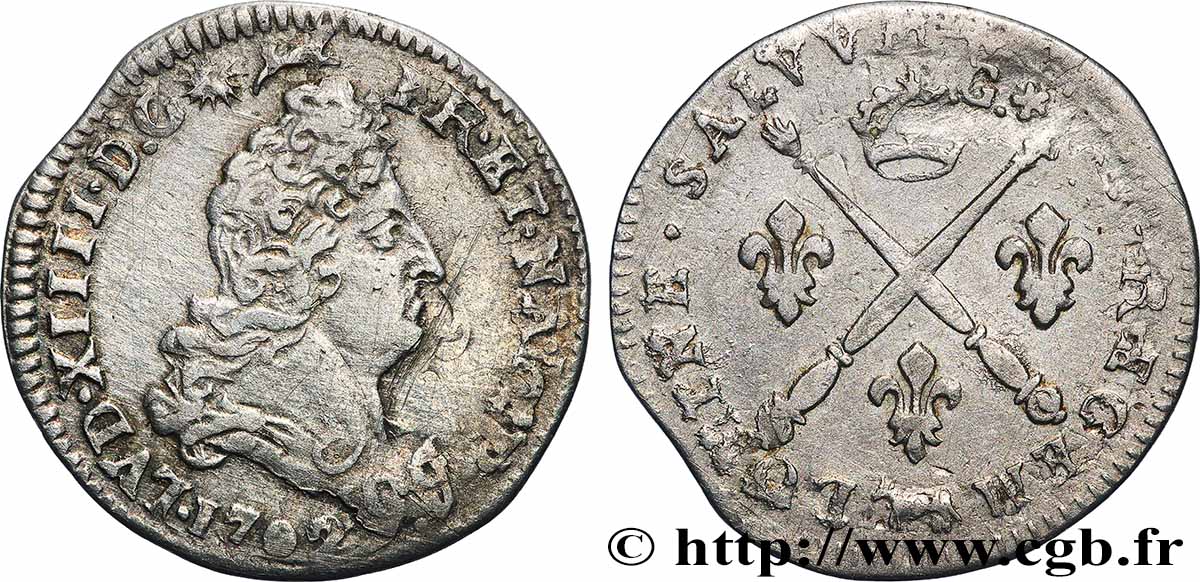 LOUIS XIV LE GRAND OU LE ROI SOLEIL Cinq sols aux insignes 1702 Pau TB+