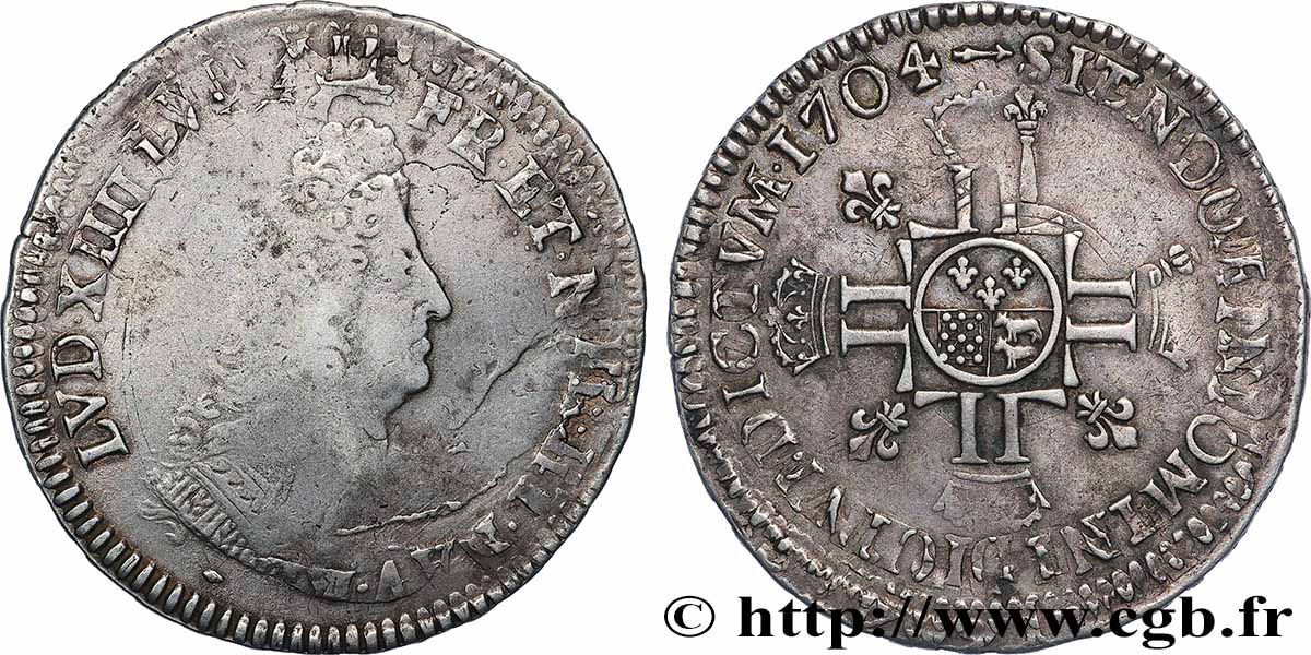 LOUIS XIV LE GRAND OU LE ROI SOLEIL Demi-écu de Béarn aux huit L, 2e type 1704 Pau TB+/TTB