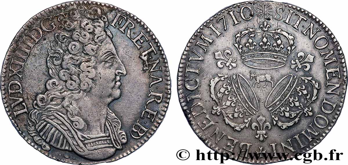 LOUIS XIV LE GRAND OU LE ROI SOLEIL Écu aux trois couronnes 1710 Pau TTB+