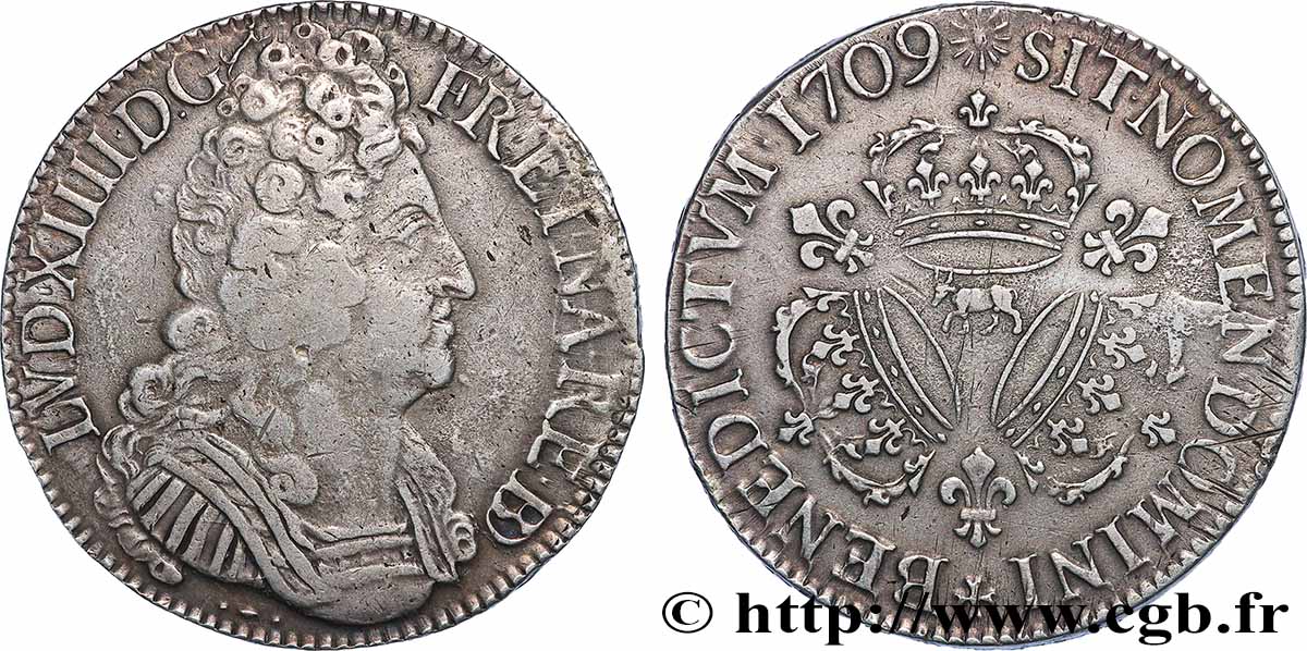 LOUIS XIV LE GRAND OU LE ROI SOLEIL Écu aux trois couronnes 1709 Pau TB+/TTB