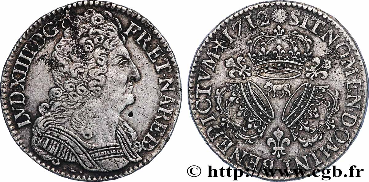 LOUIS XIV LE GRAND OU LE ROI SOLEIL Demi-écu aux trois couronnes 1712 Pau TTB+/SUP
