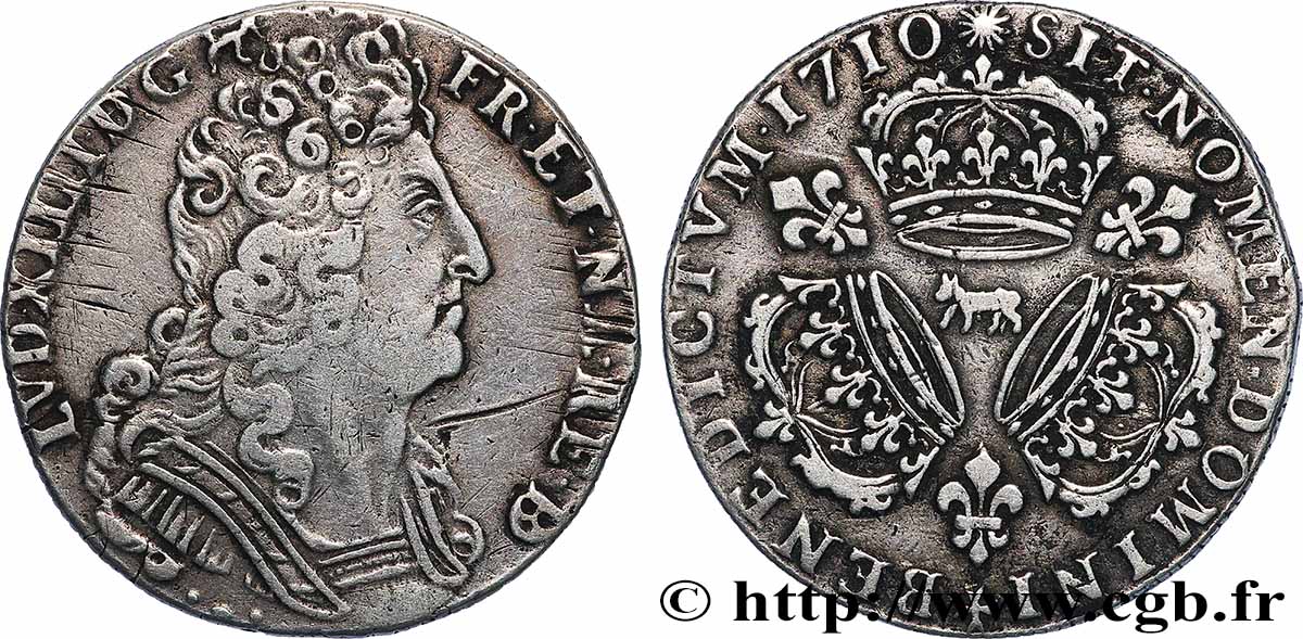 LOUIS XIV LE GRAND OU LE ROI SOLEIL Quart d écu aux trois couronnes 1710 Pau TTB