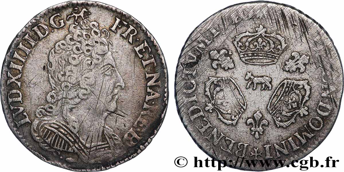 LOUIS XIV LE GRAND OU LE ROI SOLEIL Dixième d écu aux trois couronnes 1710 Pau TTB