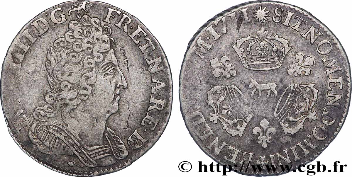 LOUIS XIV LE GRAND OU LE ROI SOLEIL Dixième d écu aux trois couronnes 1711 Pau TB+/TTB