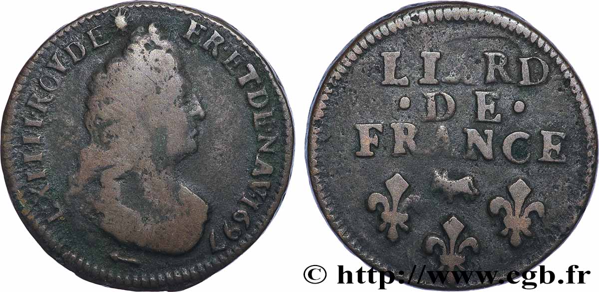 LOUIS XIV LE GRAND OU LE ROI SOLEIL Liard, 3e type, buste âgé 1697 Pau TB/TB+