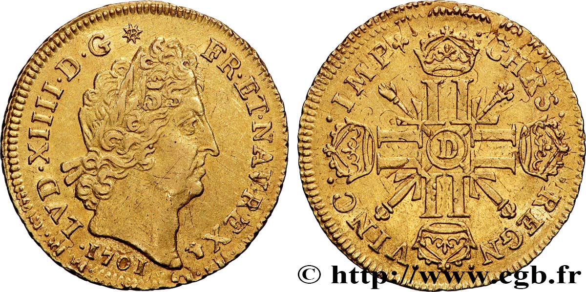 LOUIS XIV LE GRAND OU LE ROI SOLEIL Louis d’or aux huit L et aux insignes 1701 Lyon TTB+