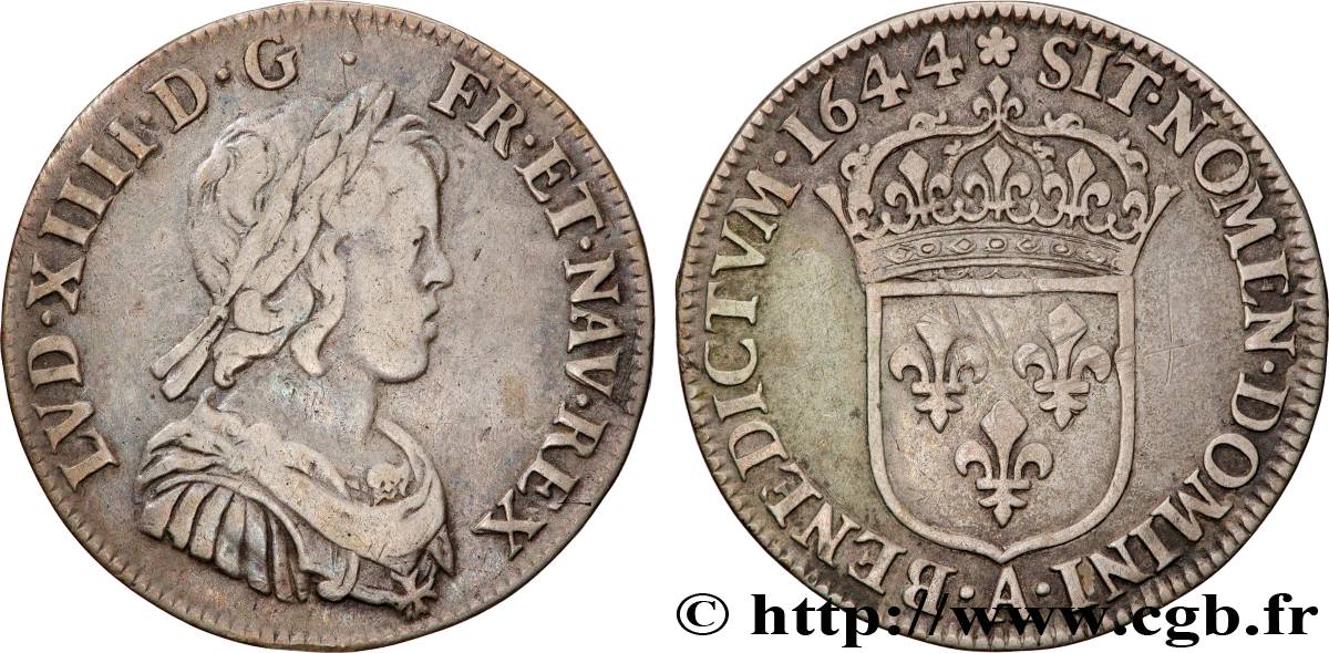 LOUIS XIV  THE SUN KING  Quart d écu, portrait à la mèche courte 1644 Paris, Monnaie de Matignon VF/XF