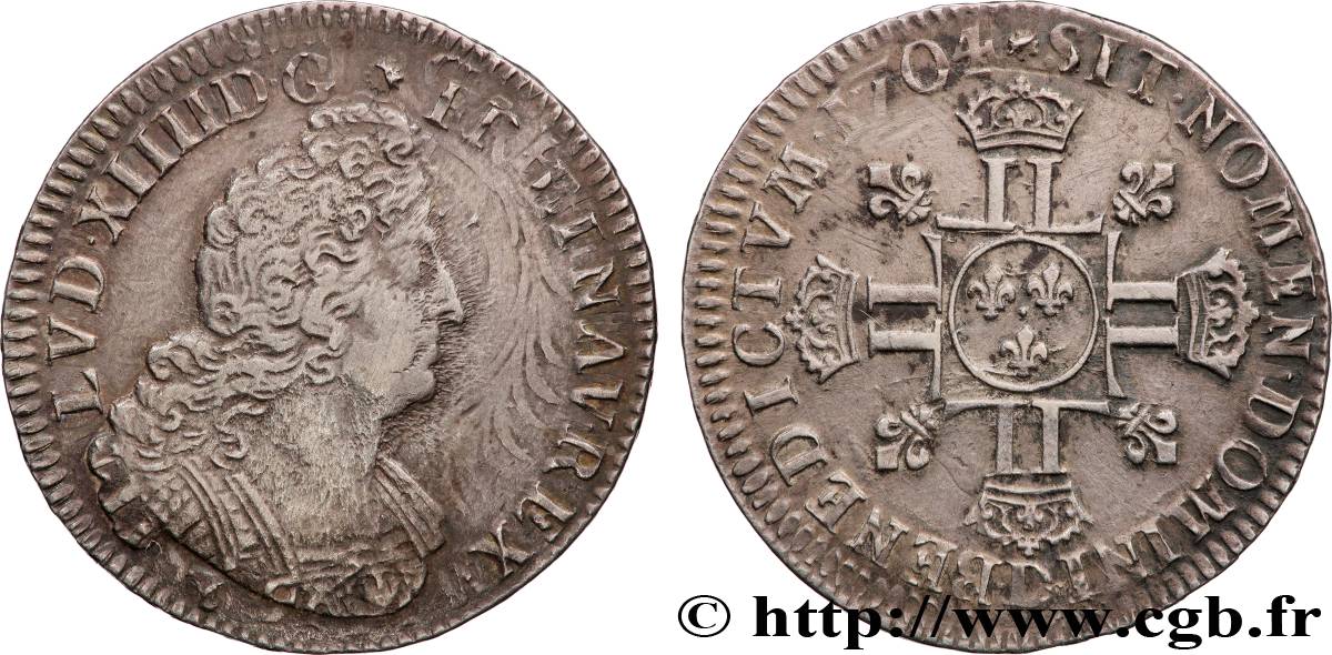 LOUIS XIV  THE SUN KING  Demi-écu aux huit L, 2e type 1704 Lyon XF/AU
