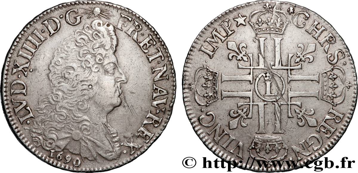 LOUIS XIV  THE SUN KING  Écu aux huit L, 1er type 1690 Lille XF