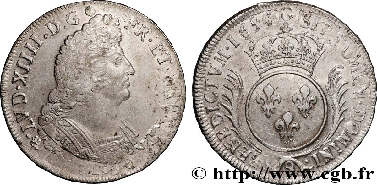 LOUIS XIV  THE SUN KING  Écu aux palmes 1695 Rennes XF/AU