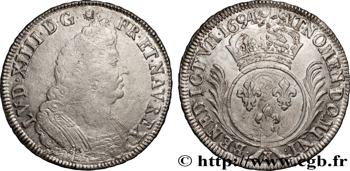 LOUIS XIV  THE SUN KING  Écu aux palmes 1694 Bordeaux XF/AU