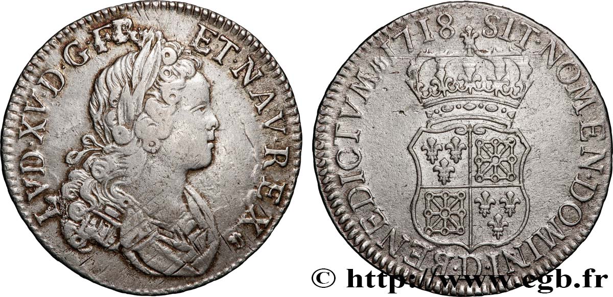 LOUIS XV  THE WELL-BELOVED  Demi-écu dit  de France-Navarre  1718 Lyon XF/AU