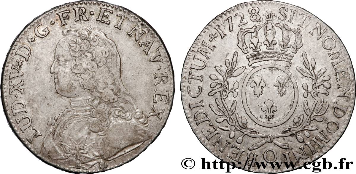 LOUIS XV  THE WELL-BELOVED  Écu aux branches d olivier, buste habillé 1728 Riom XF