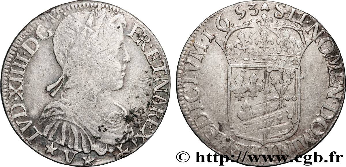 LOUIS XIV  THE SUN KING  Demi-écu de Navarre, portrait à la mèche longue 1653 Saint-Palais VF/XF
