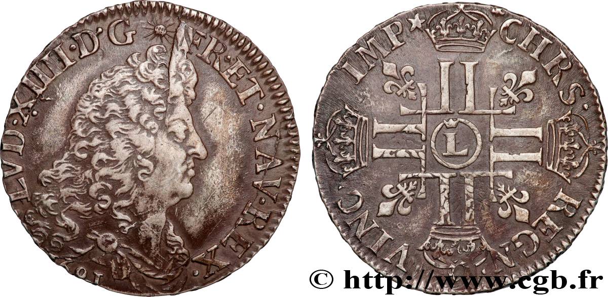 LOUIS XIV  THE SUN KING  Demi-écu aux huit L, 1er type 1691 Lille AU