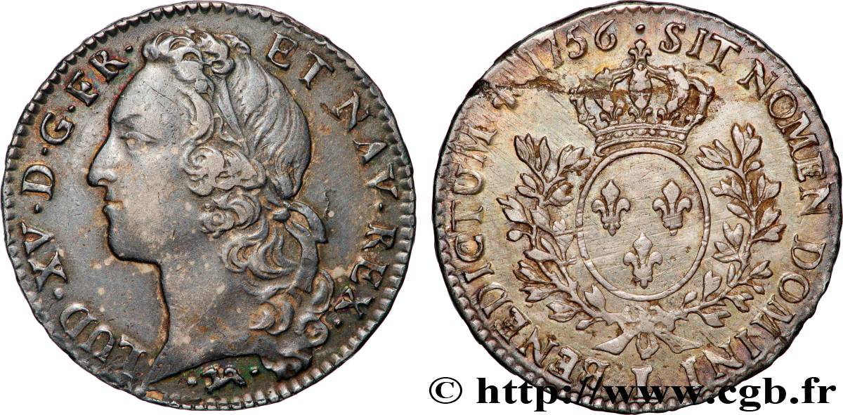 LOUIS XV  THE WELL-BELOVED  Demi-écu aux branches d’olivier, tête ceinte d’un bandeau 1756 Bayonne XF/AU