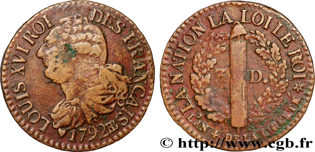 LOUIS XVI 3 deniers dit  au faisceau , légende FRANÇAIS 1792 Strasbourg VF