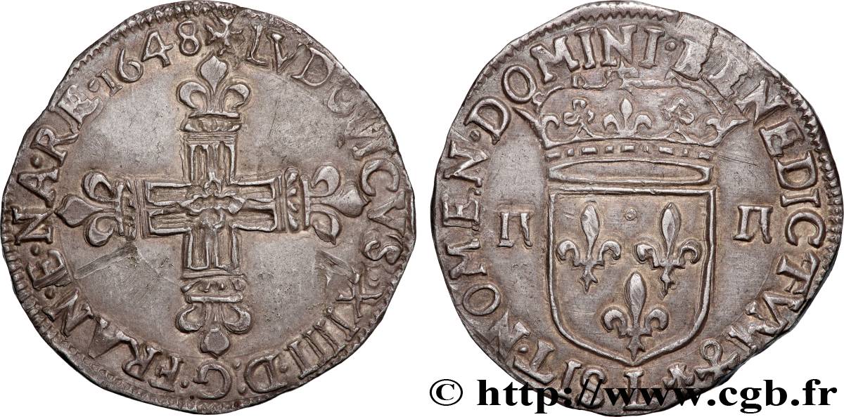 LOUIS XIV  THE SUN KING  Quart d écu, titulature côté croix 1648 Bayonne MBC+/EBC