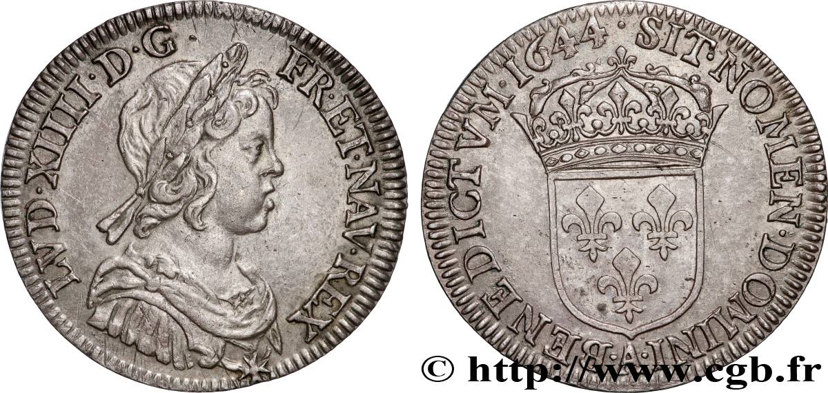 LOUIS XIV  THE SUN KING  Quart d écu, portrait à la mèche courte 1644 Paris, Monnaie du Louvre AU/AU