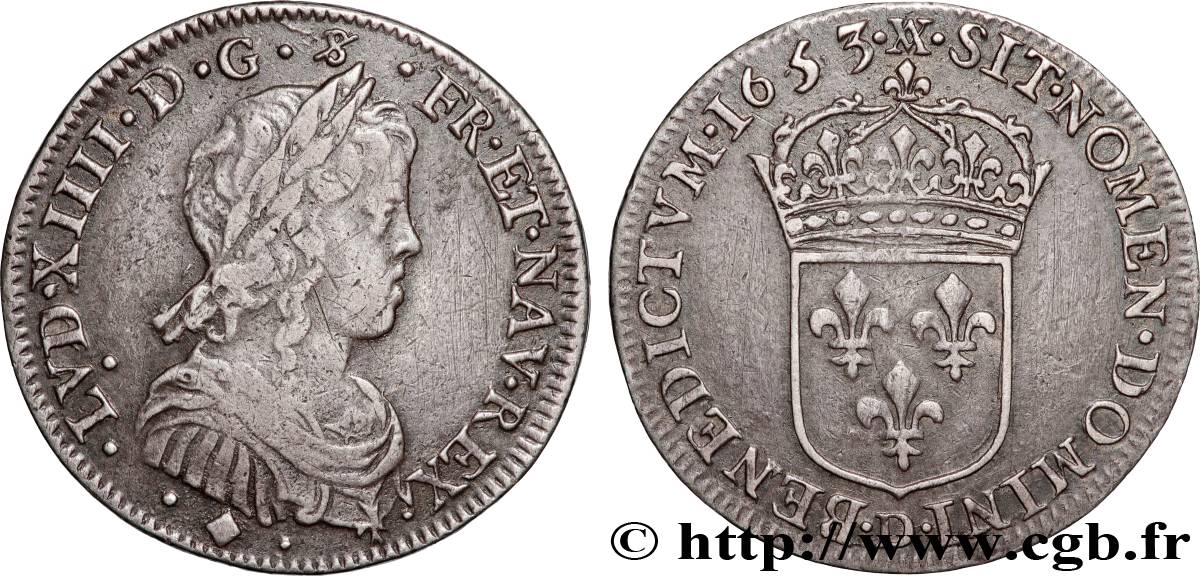 LOUIS XIV  THE SUN KING  Quart d écu, portait à la mèche longue 1653 Lyon XF