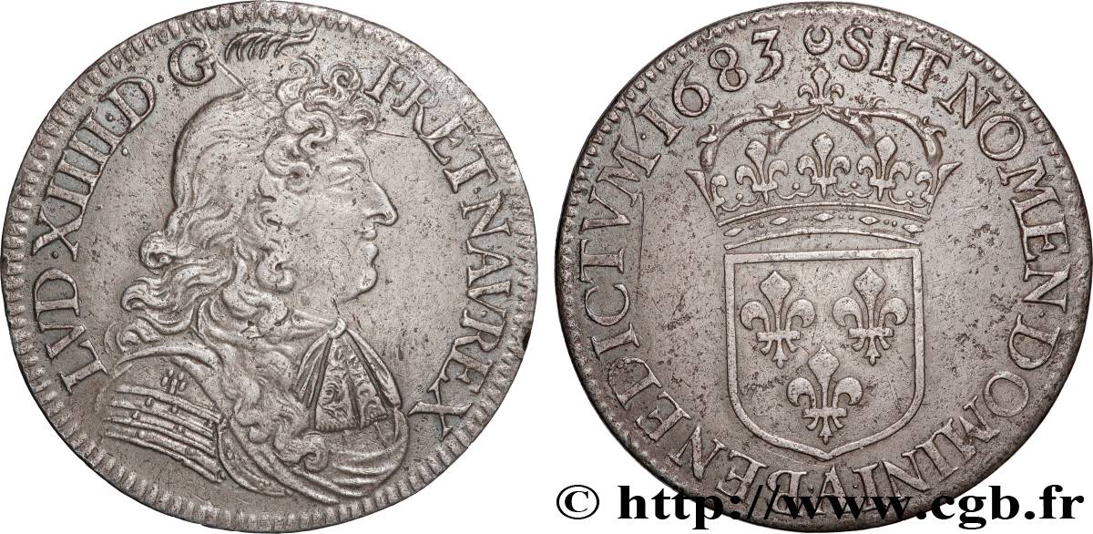 LOUIS XIV  THE SUN KING  Demi-écu, portrait à la cravate courte 1683 Paris XF/AU