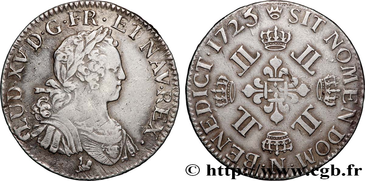 LOUIS XV  THE WELL-BELOVED  Demi-écu à la croix fleurdelisée couronnée et aux huit L 1725 Montpellier XF