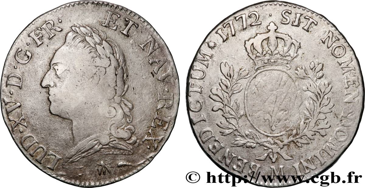 LOUIS XV  THE WELL-BELOVED  Écu aux branches d’olivier, buste lauré 1772 Toulouse VF/VF