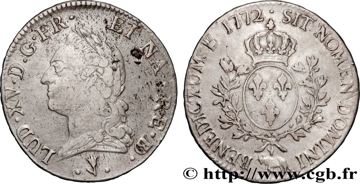 LOUIS XV  THE WELL-BELOVED  Écu aux branches d’olivier, buste lauré 1772 Pau VF/VF