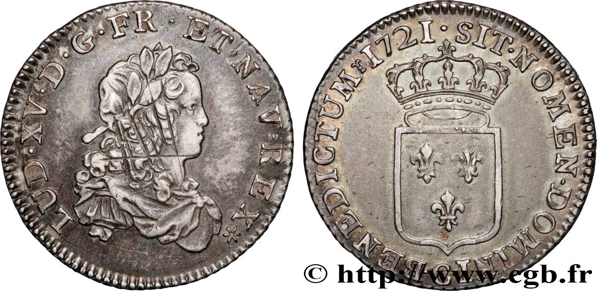 LOUIS XV  THE WELL-BELOVED  Tiers d écu dit  de France  1721 Caen MBC/EBC
