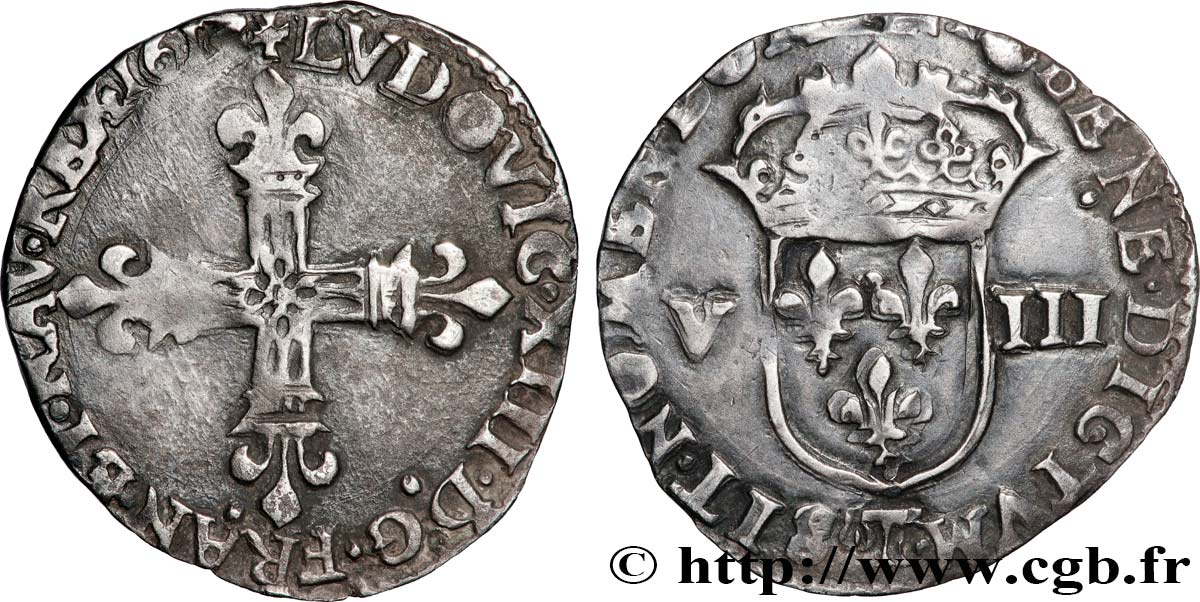 LOUIS XIII  Huitième d écu, à la croix fleurdelisée, titulature côté croix 1613 Nantes XF/AU
