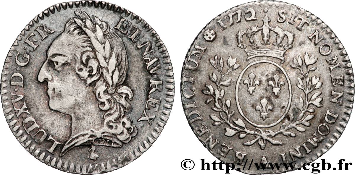 LOUIS XV  THE WELL-BELOVED  Dixième d’écu aux branches d’olivier, buste lauré 1772 Paris XF/AU