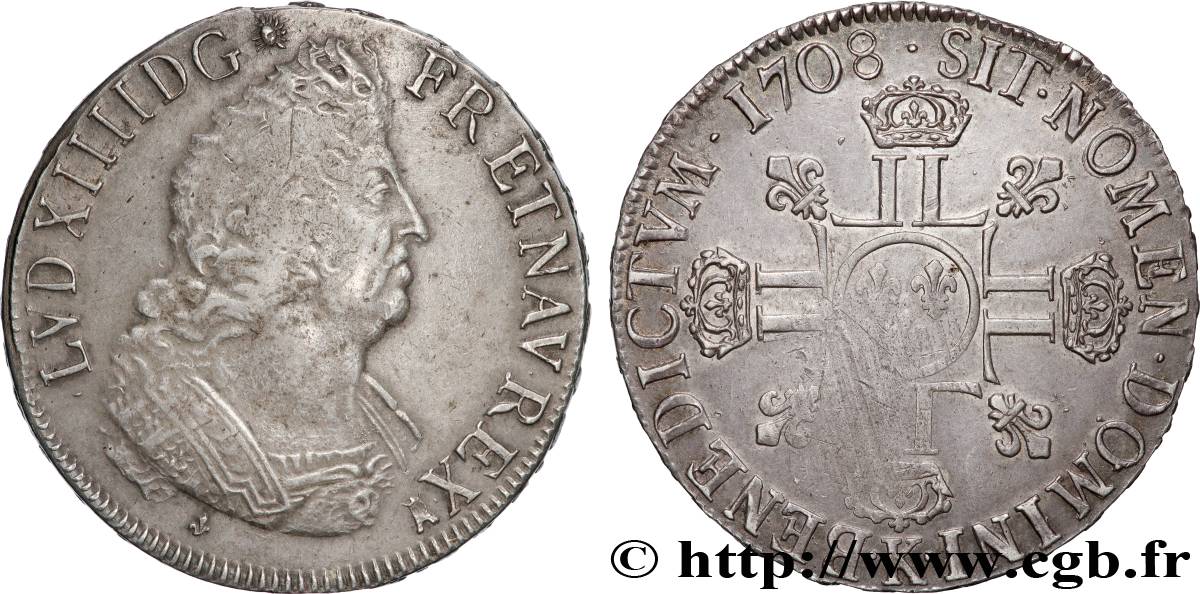 LOUIS XIV LE GRAND OU LE ROI SOLEIL Écu aux huit L, 2e type 1708 Bordeaux TTB/TTB+