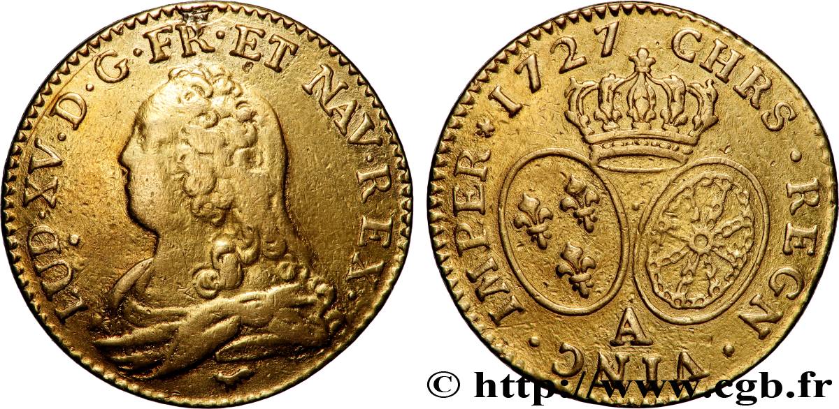 LOUIS XV  THE WELL-BELOVED  Louis d or aux écus ovales, buste habillé 1727 Paris VF