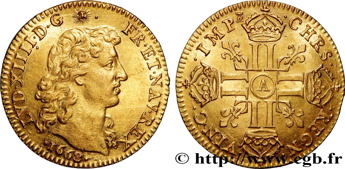 LOUIS XIV LE GRAND OU LE ROI SOLEIL Louis d or aux huit L, portrait à la tête nue 1668 Paris SUP